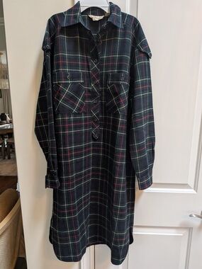 B. Altman Vintage Plaid Long-Sleeve Shirt Dress in Dark Green Sz 12